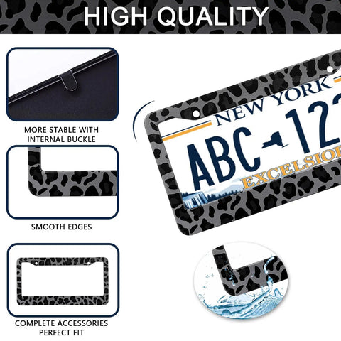 Leopard Print License Plate Frame Two Pack Aluminum Car Tag Frames With Screws Caps Front End Decor showing smooth edges.
