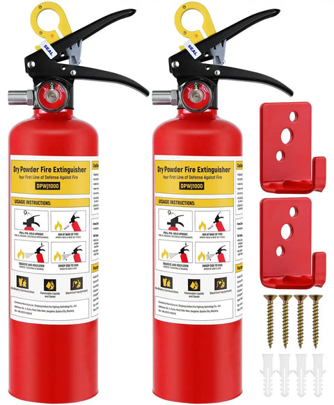 Two Pack 2.5 Lb Dry Chemical Fire Extinguishers 1A 10B C For Home Office Boat And Truck With Quick Release Handle Ideal For Electrical And Grease Fires In Cold Weather From Minus 22F To 140F With 6 Year Shelf Life, shown with mounts and screws.