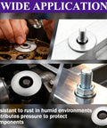 Stainless steel bonded sealing washer set (100pcs) with black inner ring; 5/16 x 1-1/4, shown with bolt in views