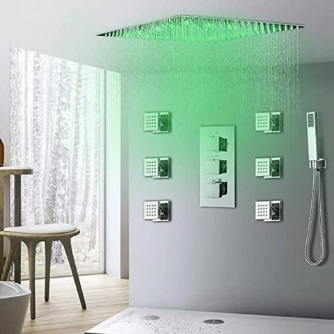 Premium Led Thermostatic Shower Combo With Air Injection Massage Head For A Slick Spa Vibe At Home, green rainfall shower head.