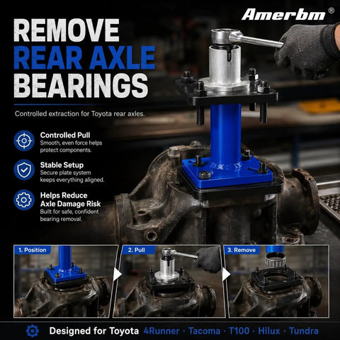 Pro Rear Axle Bearing Puller And Installer Tool Kit For Toyota Tacoma Tundra 4Runner Hilux T100 1995 To 2020 Fits Remove Wheel Bearings And Abs Tone Rings Using 4 Bolt Drive Blue Set Makes Job Quick So You Can Drive Without Stress. blue steel rear axle bearing puller on Toyota axle housing