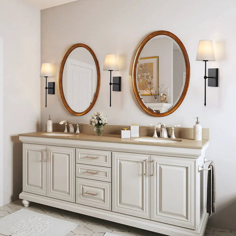Set Of 2 Slim Wall Sconces With White Fabric Shade And Matte Black Base For Bedroom Bedside Bathroom Vanity And Living Room - Easy Dope Hardwired Indoor Wall Lighting Fixtures in bathroom setting