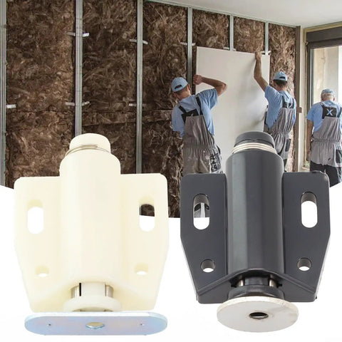 Push To Open Magnetic Cabinet Door Catch With ABS Plastic Round Buffer in black and beige finish shown in front of construction scene