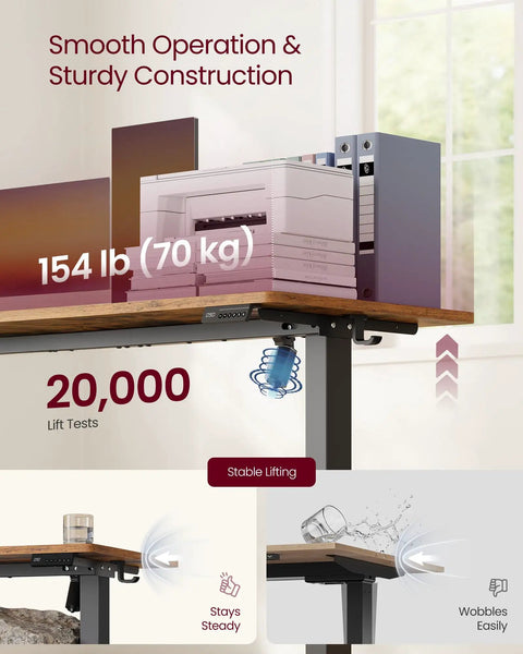 VASAGLE Electric Standing Desk, Height Adjustable Office Table With Memory Presets, Sit Stand Workstation For Home Office showing sturdy construction and operation details.