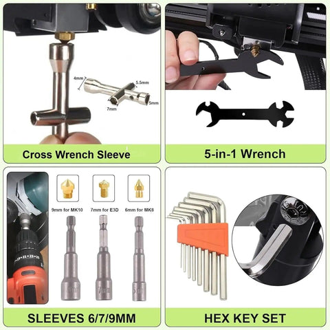 Ultimate 176 Piece Pro Grade 3D Printing Tool Kit tools including cross wrench sleeve, 5-in-1 wrench, sleeves, and hex key set