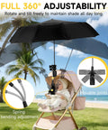 Beat The Heat All Day Chair Umbrella With Universal Clamp showing 360-degree adjustability on a stroller, providing UV protection.