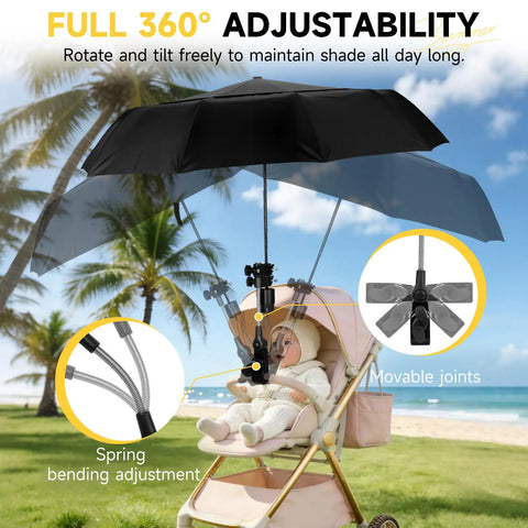 Beat The Heat All Day Chair Umbrella With Universal Clamp showing 360-degree adjustability on a stroller, providing UV protection.