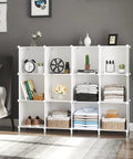 Cube Storage Organizer 12 Cube Bookshelf DIY Plastic Closet Clothes Shelves With Wooden Mallet Stackable Storage Solution For Home Bedroom White Great For Home Organization And Kids Rooms, showing organized items including books and towels in a living room.