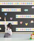 Child using Number Line Bulletin Board Set for Classroom and Home School Decor, Boho Vibe Math Learning Posters With 28 Number Lines