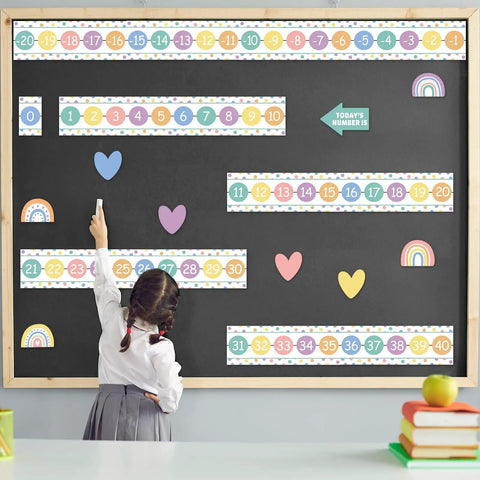 Child using Number Line Bulletin Board Set for Classroom and Home School Decor, Boho Vibe Math Learning Posters With 28 Number Lines