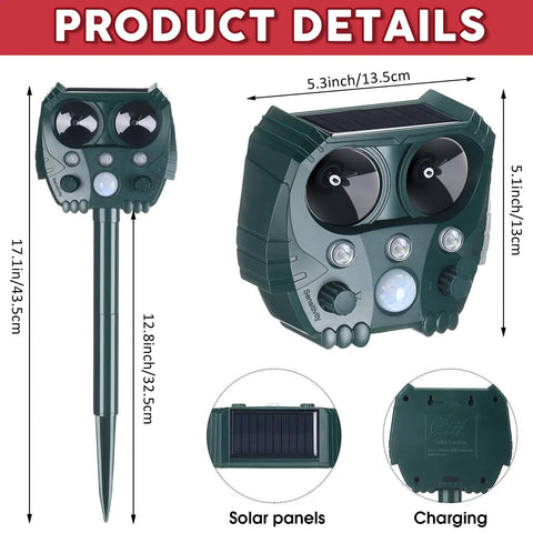 4 Pack Solar Ultrasonic Animal Repellers For Cats, Deer, And Squirrels, Outdoor Garden Yard Orchard Pest Deterrents With Ground Spikes Or Hanging Mounts, Sun Powered, Easy Install, Weatherproof. Solar pest repeller with ground spike and panel, 5.3 x 5.1 x 17.1 in