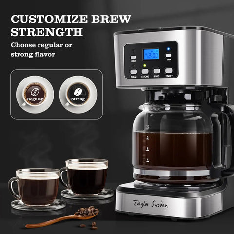 12 Cup Programmable Coffee Maker With LCD Display Brew Regular Or Strong Like A Pro For Home And Office Glass Carafe Pause And Serve Auto Shut Off Black And Stainless Steel