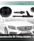 4 Piece Transmission Oil Filling Tool Adapter Set For Mercedes Benz 2015 And Up 725 Gearbox 9 Speed ATF Drain And Fill Tool shown beside a white Mercedes car.