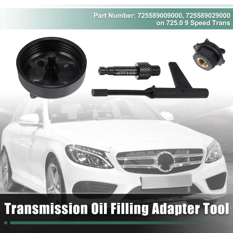 4 Piece Transmission Oil Filling Tool Adapter Set For Mercedes Benz 2015 And Up 725 Gearbox 9 Speed ATF Drain And Fill Tool shown beside a white Mercedes car.