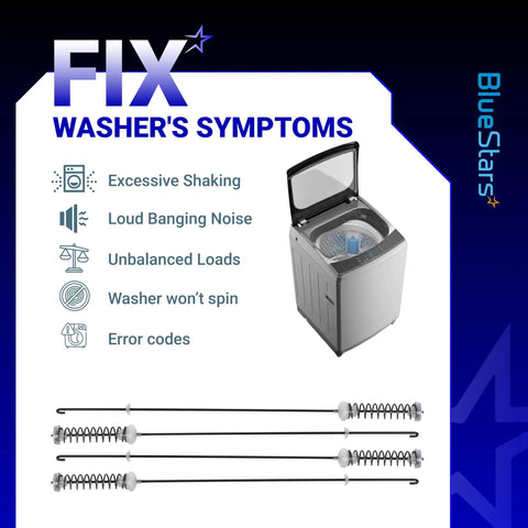 Diagram illustrating symptoms fixed by the Upgraded Washer Suspension Rod Replacement Kit W10780045 for Kenmore and Whirlpool washers