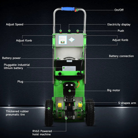 Heavy Duty Electric Stair Climbing Dolly 900lbs Capacity 1250W Motor Folding Hand Truck With Telescopic Handle Aluminum Frame For Moving Furniture And Appliances Green with detailed control panel and large motor view.