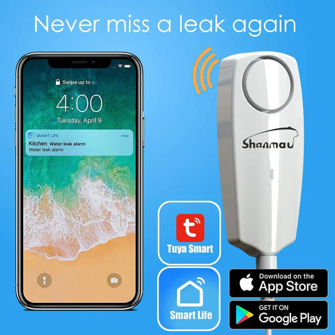 Water Leak Alarm Sensor With 100dB Siren, Smart Leak Detector With Tuya App Remote Monitoring and smartphone notification.