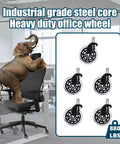 Set Of Five 3 Inch Smooth Replacement Chair Wheels With Rollerblade Style Bearings For Ultra Quiet Glide 880 Lbs Heavy Duty Transparent Casters Universal Fit For Home Office And Gaming Chairs Long Lasting Low Noise And Vibration Reduction, shown with elephant on chair