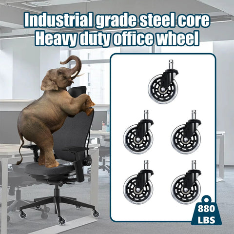 Set Of Five 3 Inch Smooth Replacement Chair Wheels With Rollerblade Style Bearings For Ultra Quiet Glide 880 Lbs Heavy Duty Transparent Casters Universal Fit For Home Office And Gaming Chairs Long Lasting Low Noise And Vibration Reduction, shown with elephant on chair