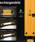 Beast Mode 2500LM COB LED Work Light With 5200mAh Rechargeable Battery, close-up of charging port, brightness levels shown.