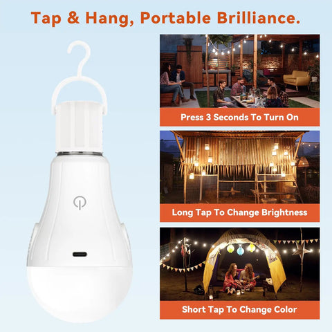 Dope Rechargeable Light Bulbs With Remote, 3 Color Modes displayed in indoor and outdoor settings with usage instructions.