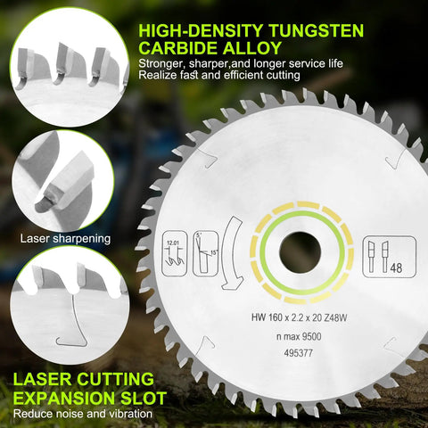 Beefed Up 160mm Track Saw Blade With 2.2mm Kerf And 20mm Arbor For Festool TS 55 TSC 55 ATF 55 E HK 55 HKC 55 Track Saws 48T ATB Grind Replacement Performance showing tungsten carbide alloy details