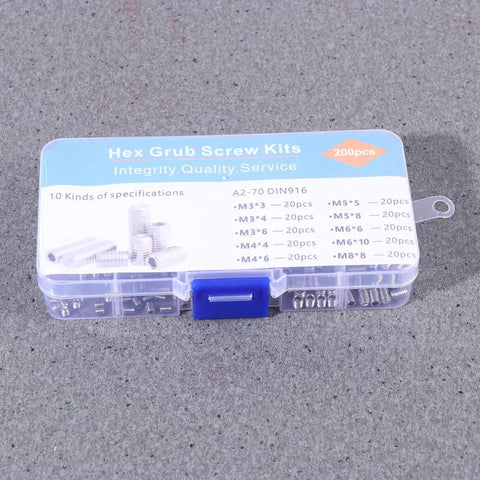 Headless Grub Screws Set With Hex Socket Stainless Steel M8 And M5 Kit, Flat Point, High Vibration Resistance And Loosening Resistance, Industrial Grade Fasteners, 200 Pieces For M8 And M5 Applications in plastic case