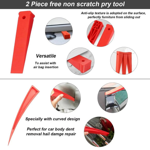 Red plastic pry tools from Heavy Duty Air Wedge Bag Set With Pump Leveling Kit And Alignment Tool Inflatable Shim Bags for auto repair.