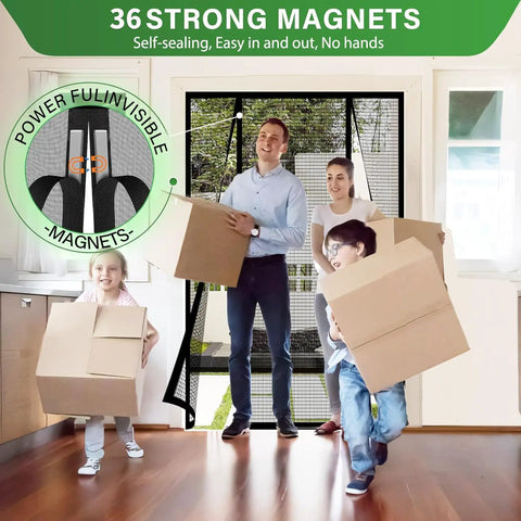 Family carrying boxes through Heavy Duty PET Magnetic Screen Door With Double Door Closure For Sliding And Patio Doors No Fuss Setup