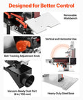 Detailed view of VEVOR 1500W Belt Grinder Sander With VFD Variable Speed Control features, including adjustable belt tracking and heavy-duty base.