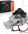 Engine Water Pump Replacement For Dodge Grand Caravan 2008-2010, Volkswagen Routan 2009-2010, And Chrysler Town And Country 2008-2010 V6 3.3L 3.8L With Gasket Included, Direct Fit, Plug And Play, Durable Replacement For Reliable Coolant Circulation with aluminum housing and steel impeller and gasket shown next to packaging box with diagram.
