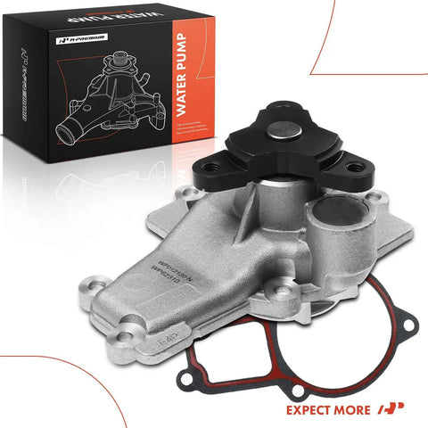 Engine Water Pump Replacement For Dodge Grand Caravan 2008-2010, Volkswagen Routan 2009-2010, And Chrysler Town And Country 2008-2010 V6 3.3L 3.8L With Gasket Included, Direct Fit, Plug And Play, Durable Replacement For Reliable Coolant Circulation with aluminum housing and steel impeller and gasket shown next to packaging box with diagram.