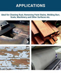 Applications showing Top Shelf Carbon Steel Mounted Crimped Wire Cup Brush 2-3/4 Inch for rust removal, paint stripping, and metal deburring.