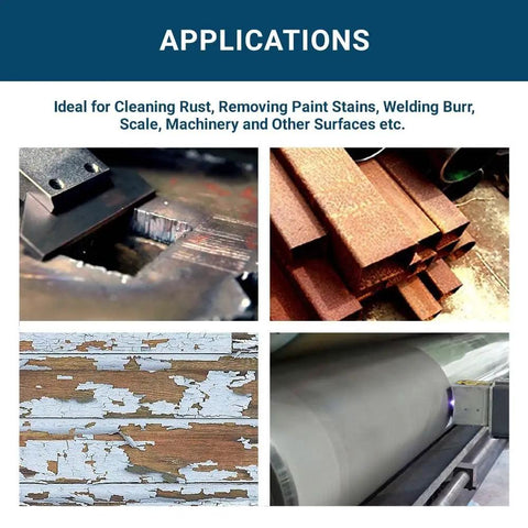 Applications showing Top Shelf Carbon Steel Mounted Crimped Wire Cup Brush 2-3/4 Inch for rust removal, paint stripping, and metal deburring.