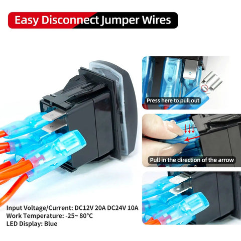 Eight Gang Rocker Switch Panel With Aluminum Waterproof Dash Mount showing easy disconnect jumper wires for 12V and 24V systems.