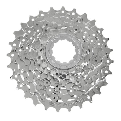 9-Speed Mountain Bike Cassette CS-HG400-9 for E-MTB and Trail Riding with nickel-plated finish and drilled cogs, silver
