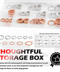 88Pcs Car Oil Drain Plug Gasket Kit With 6 Aluminum Sizes And 5 Copper Sizes in a labeled storage box with diagram