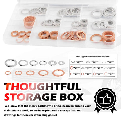88Pcs Car Oil Drain Plug Gasket Kit With 6 Aluminum Sizes And 5 Copper Sizes in a labeled storage box with diagram