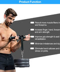 Man using Grip Gains Forearm Wrist Roller Exerciser for Strength Training and Rehab at Home or Gym with weight plates