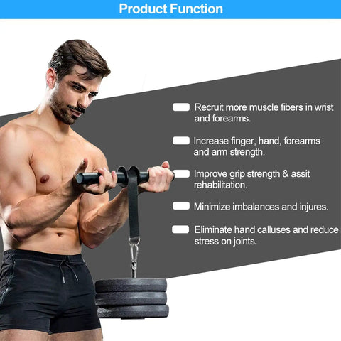 Man using Grip Gains Forearm Wrist Roller Exerciser for Strength Training and Rehab at Home or Gym with weight plates