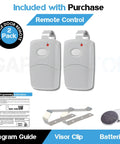 Two-pack Replacement Garage Door Remote For 308911 Multi Code Linear 300MHz with batteries, visor clip, and programming guide.