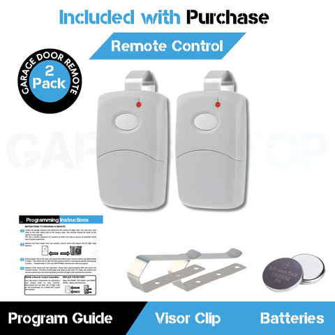 Two-pack Replacement Garage Door Remote For 308911 Multi Code Linear 300MHz with batteries, visor clip, and programming guide.