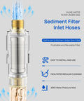 Heavy Duty Under Sink In Line Sediment Water Filter With 9/16 Male Female Thread Connector For Kitchen Bath And RV Faucet Lines showing inlet hoses and water flow.