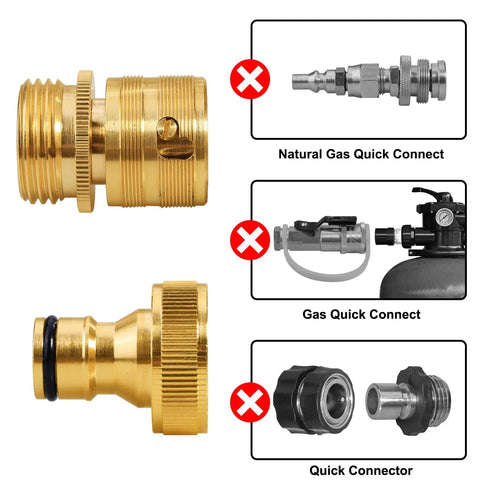 Solid brass 3/4 GHT garden hose quick-connect fittings; male and female adapters, two sets; front view with O-ring.