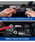 Installation methods for 6 Pin 12AWG DC Power Cord With 30A Fuse 1M Short Power Lead for radios, showing wire connections.