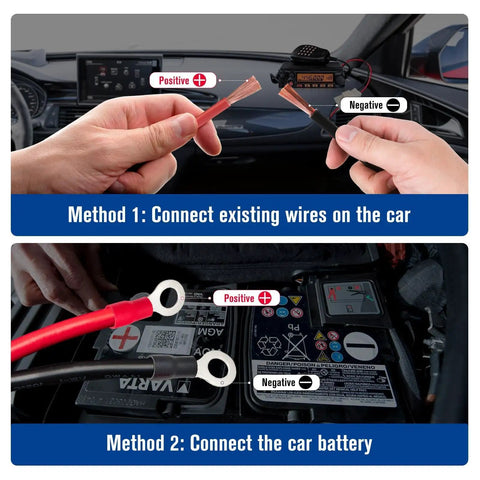 Installation methods for 6 Pin 12AWG DC Power Cord With 30A Fuse 1M Short Power Lead for radios, showing wire connections.