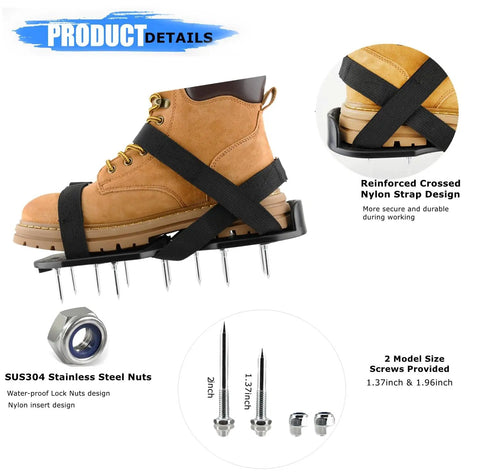 Heavy Duty Lawn Aerator Shoes With Adjustable Straps And 13 Spikes, 2-Inch And 1.5-Inch Spike Sizes, Sturdy Plastic Base, Rust-Resistant Metal Spikes displayed with reinforced nylon straps and stainless steel nuts.