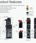 Diagram of 5 Way 2 Position Pneumatic Solenoid Valve, Aluminum Alloy Body, 1/4 Inch NPT Inlet and Outlet, 1/8 Inch Exhaust, DC 12V Coil
