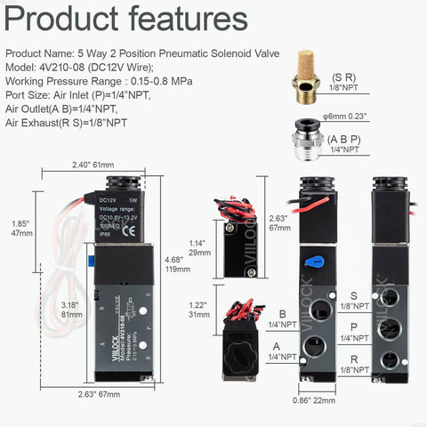 Diagram of 5 Way 2 Position Pneumatic Solenoid Valve, Aluminum Alloy Body, 1/4 Inch NPT Inlet and Outlet, 1/8 Inch Exhaust, DC 12V Coil