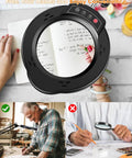 10X Lighted Magnifying Glass With LED Desk Lamp for close work and crafting, showing hands-free magnifier in use over text